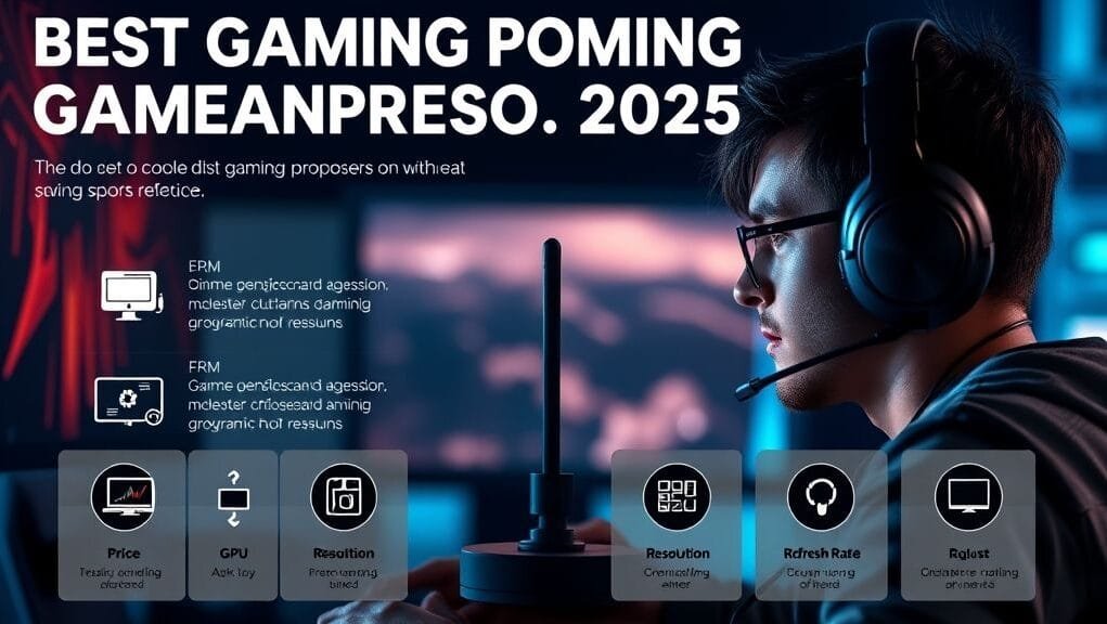 A stylized infographic depicting a gamer weighing different factors like price, GPU, resolution, and refresh rate when choosing from the **Best Gaming Processors 2025**, with icons representing each factor.