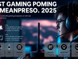 A stylized infographic depicting a gamer weighing different factors like price, GPU, resolution, and refresh rate when choosing from the **Best Gaming Processors 2025**, with icons representing each factor.