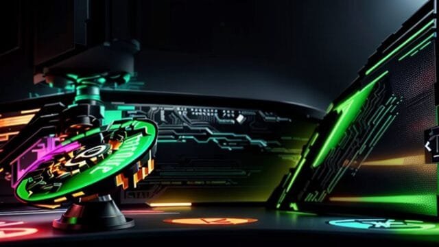 gaming and workstation CPUs 2025 – Choose Your Perfect CPU A stylized infographic showcasing CPU chips from AMD and Intel, with arrows indicating performance benchmarks for gaming and workstation CPUs 2025.