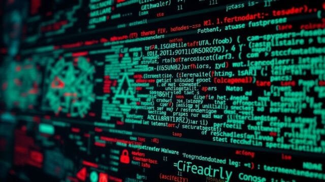 Investigative Deep Tech Trends: Unmasking Tomorrow A stylized representation of AI-driven malware code dynamically changing and evading security scans, a critical area in emerging tech analysis.