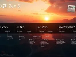 A stylized roadmap showing **AMD Zen 5 2025** availability and Zen 6 for Late 2026/2027.