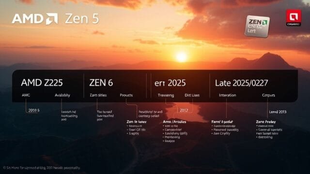 Next-gen AMD CPU 2025: Zen 5 Is Here. Forget Zen 6! A stylized roadmap showing **AMD Zen 5 2025** availability and Zen 6 for Late 2026/2027.