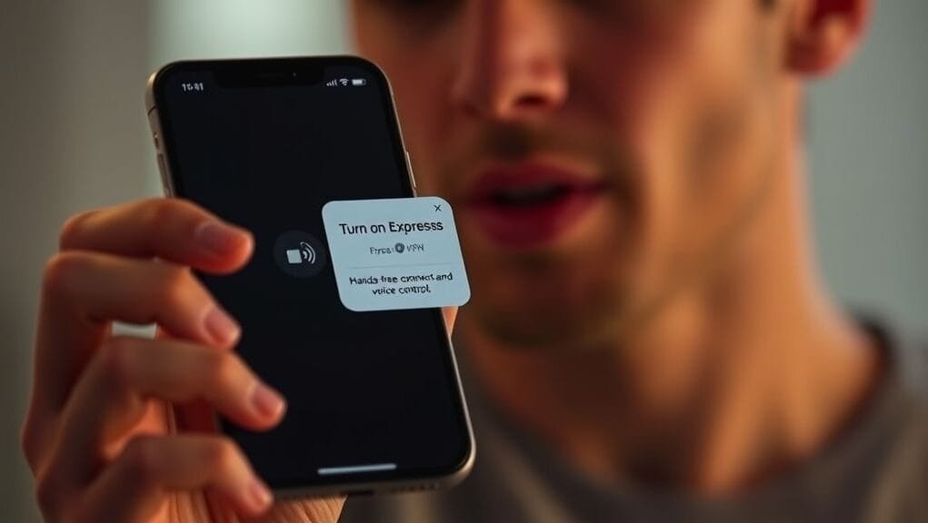 A user speaking into an iPhone, with a Siri interface bubble showing "Turn on ExpressVPN" and the ExpressVPN app connecting in the background, demonstrating ExpressVPN iOS convenience through hands-free voice control.