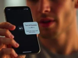 A user speaking into an iPhone, with a Siri interface bubble showing "Turn on ExpressVPN" and the ExpressVPN app connecting in the background, demonstrating ExpressVPN iOS convenience through hands-free voice control.