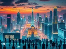 A vibrant and futuristic cityscape of India with holographic projections showcasing new product launches across various sectors like technology, consumer goods, and automotive. In the foreground, diverse groups of people are engaging with these innovative products, symbolizing the strong India product launch growth. The overall mood should be energetic and forward-looking, with a clear emphasis on innovation and market expansion. Photorealistic.
