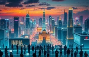 India Product Launch Growth: Why Global Brands are Flocking A vibrant and futuristic cityscape of India with holographic projections showcasing new product launches across various sectors like technology, consumer goods, and automotive. In the foreground, diverse groups of people are engaging with these innovative products, symbolizing the strong India product launch growth. The overall mood should be energetic and forward-looking, with a clear emphasis on innovation and market expansion. Photorealistic.