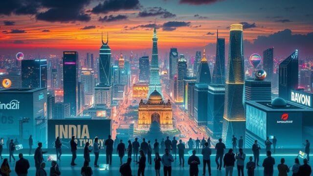 India Product Launch Growth: Why Global Brands are Flocking A vibrant and futuristic cityscape of India with holographic projections showcasing new product launches across various sectors like technology, consumer goods, and automotive. In the foreground, diverse groups of people are engaging with these innovative products, symbolizing the strong India product launch growth. The overall mood should be energetic and forward-looking, with a clear emphasis on innovation and market expansion. Photorealistic.