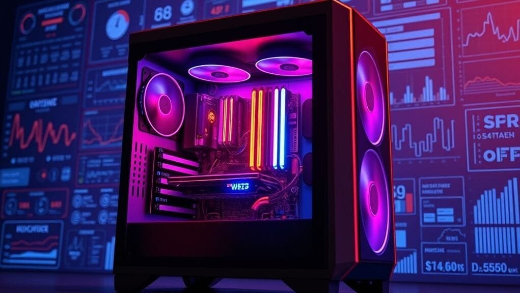A vibrant, detailed illustration of a high-performance gaming PC case with visible, glowing internal components (CPU, GPU, RAM, motherboard), against a backdrop of technical schematics and data. The overall aesthetic is modern and sleek, representing "practical buyer guides" for optimal PC building.