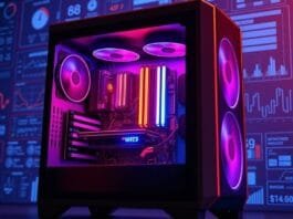 A vibrant, detailed illustration of a high-performance gaming PC case with visible, glowing internal components (CPU, GPU, RAM, motherboard), against a backdrop of technical schematics and data. The overall aesthetic is modern and sleek, representing "practical buyer guides" for optimal PC building.