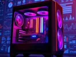 A vibrant, detailed illustration of a high-performance gaming PC case with visible, glowing internal components (CPU, GPU, RAM, motherboard), against a backdrop of technical schematics and data. The overall aesthetic is modern and sleek, representing "practical buyer guides" for optimal PC building.