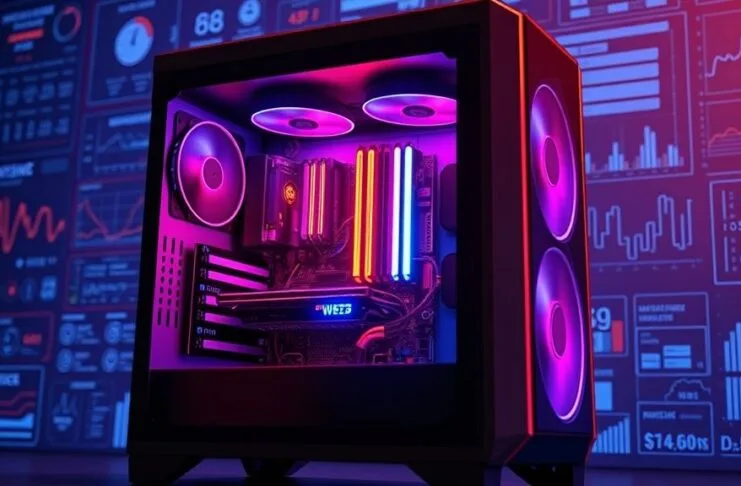 A vibrant, detailed illustration of a high-performance gaming PC case with visible, glowing internal components (CPU, GPU, RAM, motherboard), against a backdrop of technical schematics and data. The overall aesthetic is modern and sleek, representing "practical buyer guides" for optimal PC building.
