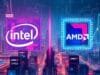 CPU Market Shifts 2025: Intel, AMD, & 2nm Node Battle A vibrant, futuristic illustration depicting CPU market shifts 2025, showing abstract representations of Intel and AMD logos intertwined with growing graphs, 2nm chips, and global supply chain elements, all set against a backdrop of a digital cityscape.