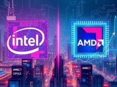 CPU Market Shifts 2025: Intel, AMD, & 2nm Node Battle A vibrant, futuristic illustration depicting CPU market shifts 2025, showing abstract representations of Intel and AMD logos intertwined with growing graphs, 2nm chips, and global supply chain elements, all set against a backdrop of a digital cityscape.