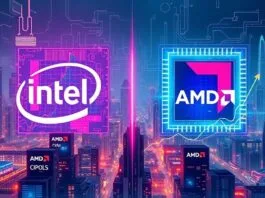 A vibrant, futuristic illustration depicting CPU market shifts 2025, showing abstract representations of Intel and AMD logos intertwined with growing graphs, 2nm chips, and global supply chain elements, all set against a backdrop of a digital cityscape.