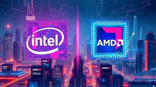 CPU Market Shifts 2025: Intel, AMD, & 2nm Node Battle A vibrant, futuristic illustration depicting CPU market shifts 2025, showing abstract representations of Intel and AMD logos intertwined with growing graphs, 2nm chips, and global supply chain elements, all set against a backdrop of a digital cityscape.