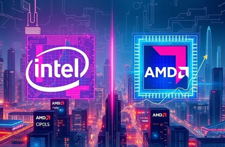 A vibrant, futuristic illustration depicting CPU market shifts 2025, showing abstract representations of Intel and AMD logos intertwined with growing graphs, 2nm chips, and global supply chain elements, all set against a backdrop of a digital cityscape.