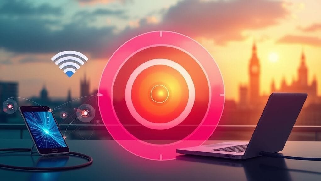 A vibrant, illustrative image depicting a stylized "sweet spot" target with concentric circles, surrounded by digital representations of a modern smartphone, a laptop connected via Wi-Fi, and a fiber optic cable. The scene should evoke connectivity, value, and affordability, set against a subtle UK cityscape backdrop, emphasizing the "UK mobile broadband 30-50" theme.