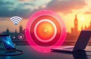 UK mobile broadband 30-50: Unbeatable Deals & Value A vibrant, illustrative image depicting a stylized "sweet spot" target with concentric circles, surrounded by digital representations of a modern smartphone, a laptop connected via Wi-Fi, and a fiber optic cable. The scene should evoke connectivity, value, and affordability, set against a subtle UK cityscape backdrop, emphasizing the "UK mobile broadband 30-50" theme.