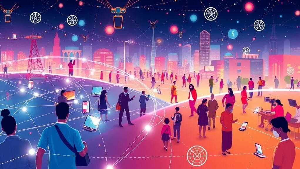 A vibrant, illustrative image depicting seamless 5G connectivity reaching diverse communities and devices, symbolizing the bridging of the performance and price gap. The image should feature elements like wireless signals, diverse demographic users, and a subtle overlay of financial symbols or charts representing affordability. Focus keyword: Optimizing Affordable 5G Connectivity.