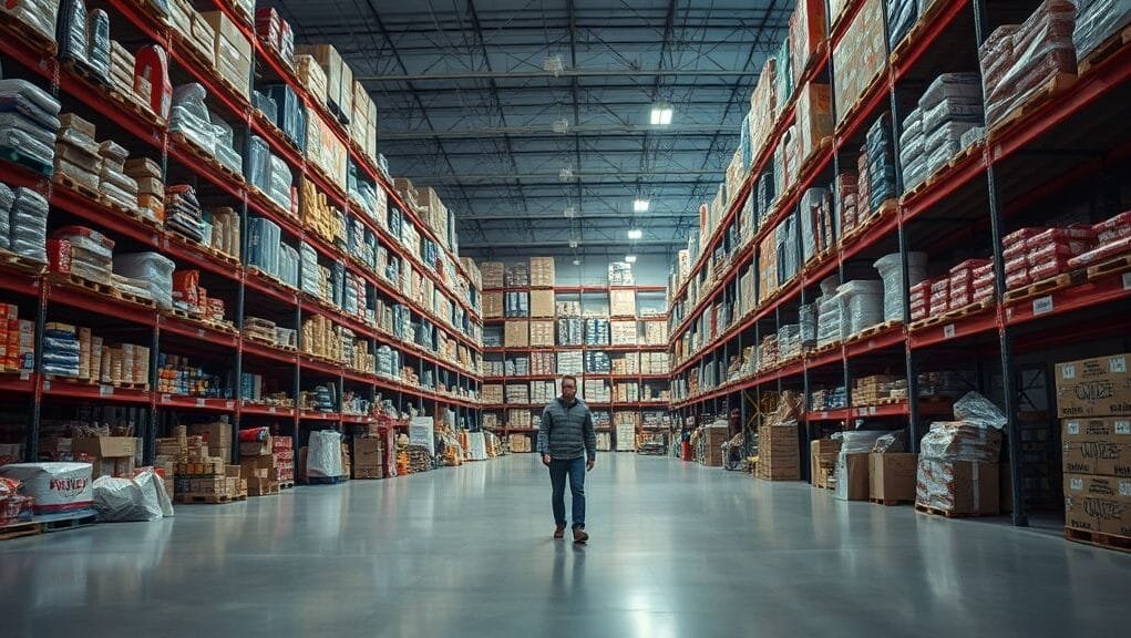 A visual metaphor depicting an imbalance between an overflowing warehouse of products and a single, hesitant consumer in an empty market, symbolizing an oversupply pricing strategy in action. The mood is slightly anxious, with a focus on contrasting abundance with low demand. A visual metaphor depicting an imbalance between an overflowing warehouse of products and a single, hesitant consumer in an empty market, symbolizing an oversupply pricing strategy in action. The mood is slightly anxious, with a focus on contrasting abundance with low demand.