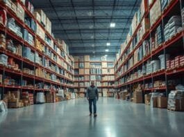 A visual metaphor depicting an imbalance between an overflowing warehouse of products and a single, hesitant consumer in an empty market, symbolizing an oversupply pricing strategy in action. The mood is slightly anxious, with a focus on contrasting abundance with low demand.