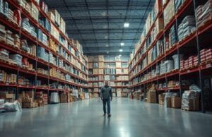 Oversupply Pricing Strategy: Combat Low Sales A visual metaphor depicting an imbalance between an overflowing warehouse of products and a single, hesitant consumer in an empty market, symbolizing an oversupply pricing strategy in action. The mood is slightly anxious, with a focus on contrasting abundance with low demand.