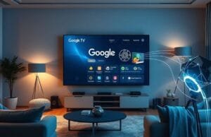 Google TV Gemini AI integration: Android’s AI Leap An artistic rendering of a living room with a large Google TV displaying a Google TV AI assistant interface, showcasing Google TV Gemini AI integration, with subtle glowing lines indicating data flow and intelligence.