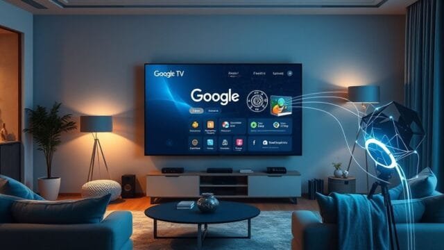 Google TV Gemini AI integration: Android’s AI Leap An artistic rendering of a living room with a large Google TV displaying a Google TV AI assistant interface, showcasing Google TV Gemini AI integration, with subtle glowing lines indicating data flow and intelligence.