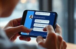 Facebook Dating AI features: End Swipe Fatigue? An illustrative graphic showing a person interacting with an AI chat interface on a smartphone, demonstrating Facebook Dating AI features in action.