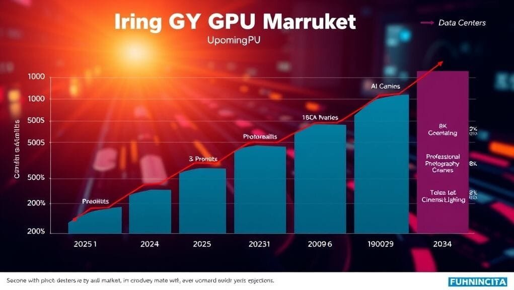 An infographic providing an upcoming GPU market analysis, depicting projected growth from 2025 to 2034, segmented by application like AI, gaming, and data centers.