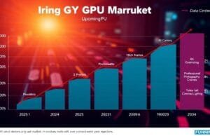 upcoming GPU market analysis: NVIDIA, AMD, Intel Battle An infographic providing an upcoming GPU market analysis, depicting projected growth from 2025 to 2034, segmented by application like AI, gaming, and data centers.