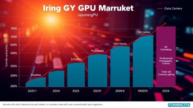 upcoming GPU market analysis: NVIDIA, AMD, Intel Battle An infographic providing an upcoming GPU market analysis, depicting projected growth from 2025 to 2034, segmented by application like AI, gaming, and data centers.