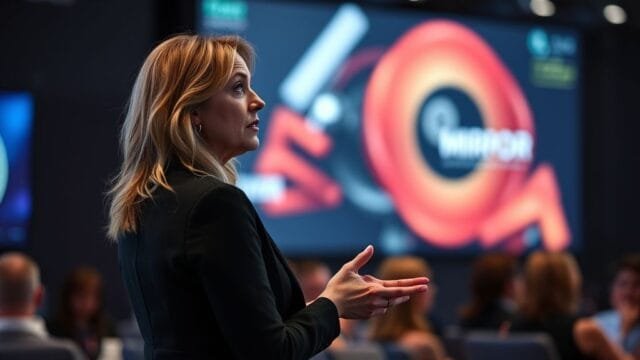 Brynn Putnam gaming startup Unveils Future of Play Brynn Putnam speaking at a tech conference, spotlight on her, with a blurred image of the Mirror device in the background, hinting at her Brynn Putnam gaming startup.