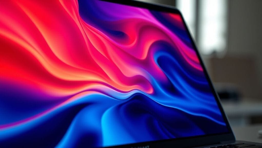 Close-up of an OLED MacBook Pro screen displaying vibrant colors and deep blacks, emphasizing its display quality. Close-up of an OLED MacBook Pro screen displaying vibrant colors and deep blacks, emphasizing its display quality.