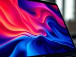 Close-up of an OLED MacBook Pro screen displaying vibrant colors and deep blacks, emphasizing its display quality.