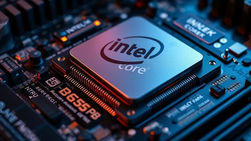 Close-up shot of an Intel Core Ultra 7 265K desktop processor on a motherboard with DDR5 RAM slots visible.