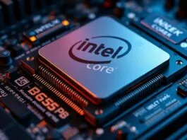 Close-up shot of an Intel Core Ultra 7 265K desktop processor on a motherboard with DDR5 RAM slots visible.
