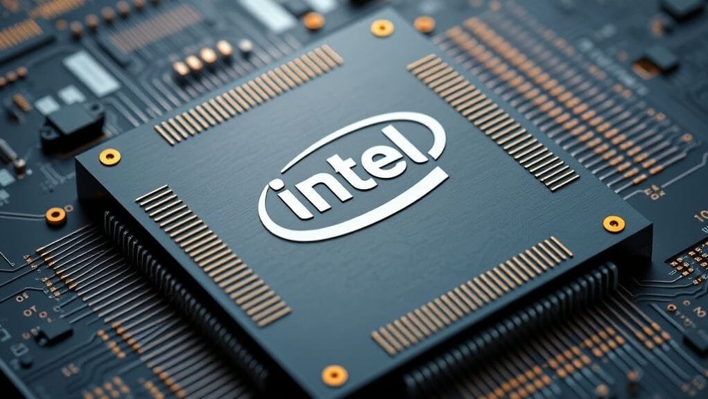 Detailed rendering of an Intel Panther Lake mobile processor die, part of the **next-gen CPU launches 2025**, highlighting RibbonFET transistors and PowerVia backside power delivery.