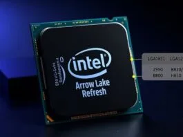 Intel Arrow Lake Refresh desktop CPU, a key component of the **Intel CPU roadmap 2025**, with LGA1851 socket diagram, showing compatibility with Z890/B860/H810 motherboards
