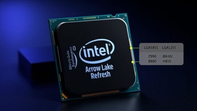 Intel CPU roadmap 2025: Arrow, Panther, Nova Lake Unveiled Intel Arrow Lake Refresh desktop CPU, a key component of the **Intel CPU roadmap 2025**, with LGA1851 socket diagram, showing compatibility with Z890/B860/H810 motherboards