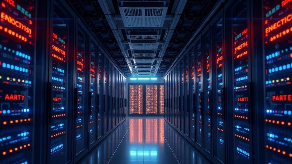 Photorealistic view of a modern data center interior, featuring rows of glowing server racks and subtle energy-saving indicators. A sleek, advanced low-power data farm mainboard, a true Energy-saving server board, is prominently displayed in the foreground, highlighting its critical role in efficient operation for eco-friendly data mainboards within a modern green data park.