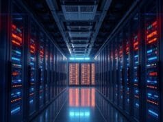 Low-Power Data Farm Mainboards: Save Energy Today Photorealistic view of a modern data center interior, featuring rows of glowing server racks and subtle energy-saving indicators. A sleek, advanced low-power data farm mainboard, a true Energy-saving server board, is prominently displayed in the foreground, highlighting its critical role in efficient operation for eco-friendly data mainboards within a modern green data park.