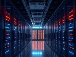 Low-Power Data Farm Mainboards: Save Energy Today Photorealistic view of a modern data center interior, featuring rows of glowing server racks and subtle energy-saving indicators. A sleek, advanced low-power data farm mainboard, a true Energy-saving server board, is prominently displayed in the foreground, highlighting its critical role in efficient operation for eco-friendly data mainboards within a modern green data park.