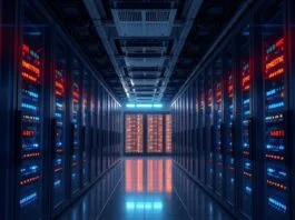 Photorealistic view of a modern data center interior, featuring rows of glowing server racks and subtle energy-saving indicators. A sleek, advanced low-power data farm mainboard, a true Energy-saving server board, is prominently displayed in the foreground, highlighting its critical role in efficient operation for eco-friendly data mainboards within a modern green data park.