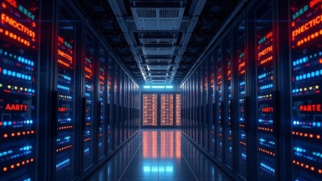 Low-Power Data Farm Mainboards: Save Energy Today Photorealistic view of a modern data center interior, featuring rows of glowing server racks and subtle energy-saving indicators. A sleek, advanced low-power data farm mainboard, a true Energy-saving server board, is prominently displayed in the foreground, highlighting its critical role in efficient operation for eco-friendly data mainboards within a modern green data park.