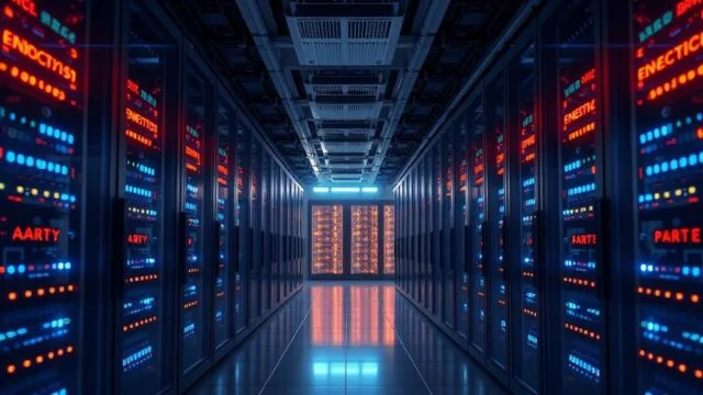 Photorealistic view of a modern data center interior, featuring rows of glowing server racks and subtle energy-saving indicators. A sleek, advanced low-power data farm mainboard, a true Energy-saving server board, is prominently displayed in the foreground, highlighting its critical role in efficient operation for eco-friendly data mainboards within a modern green data park.