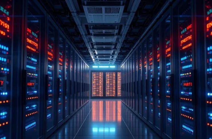 Photorealistic view of a modern data center interior, featuring rows of glowing server racks and subtle energy-saving indicators. A sleek, advanced low-power data farm mainboard, a true Energy-saving server board, is prominently displayed in the foreground, highlighting its critical role in efficient operation for eco-friendly data mainboards within a modern green data park.